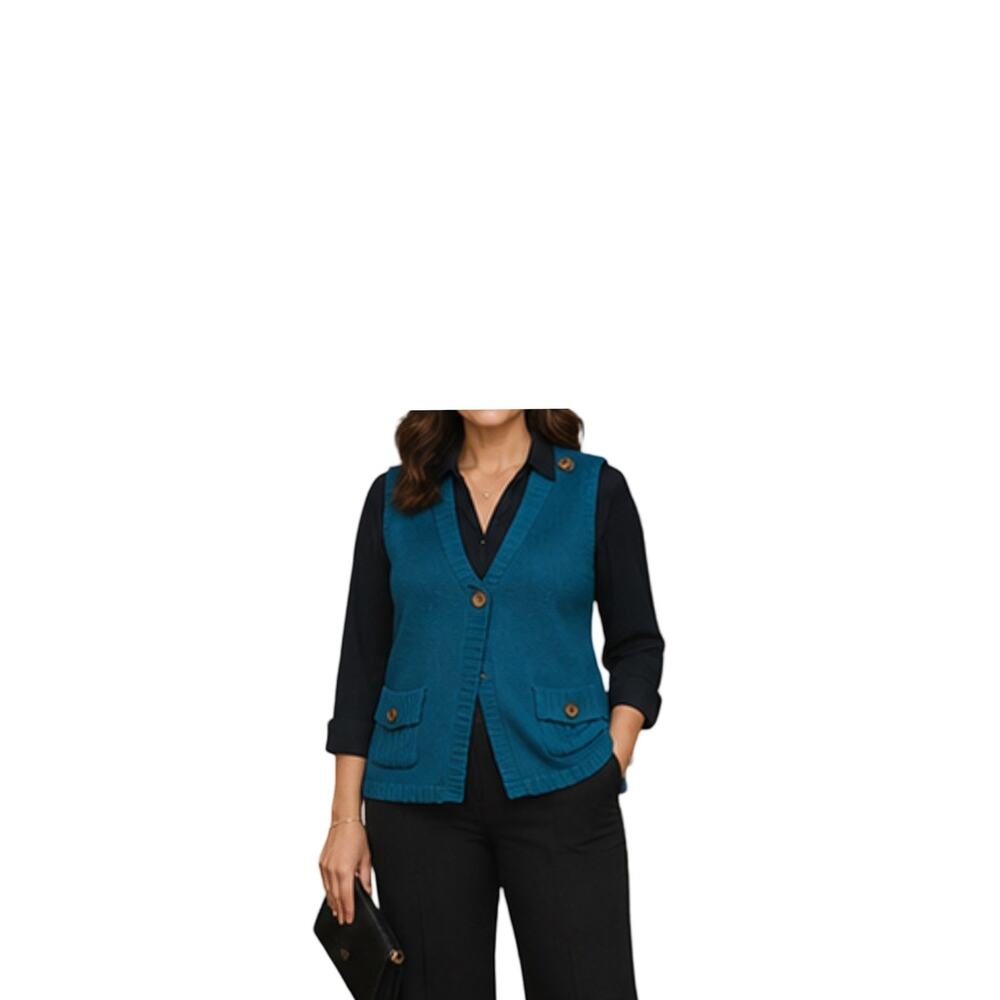 Susan Graver Sweater Vest Womens Size XL Turquoise Blue Sleeveless Button Y2K